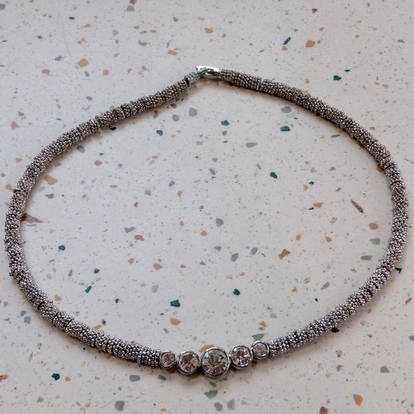 Choker Mesh Bead Silver Tone Crystal Pendant Necklace - Picture 5 of 7